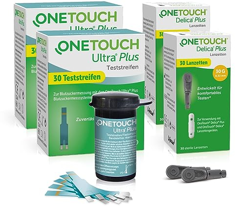 OneTouch Ultra Plus Kombi-Pack M für Blutzuckermessung |Teststreifen & Lanzetten für Diabetes (Zucker-Krankheit)| 60 Tests | 2 Packungen Teststreifen, je 30 Stück I 2 Packungen Lanzetten, je 30 Stück
