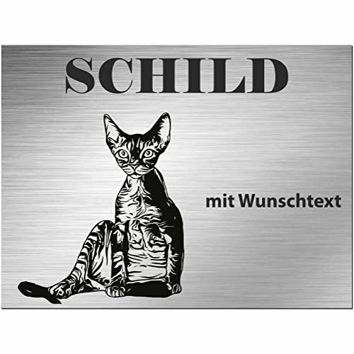 INDIGOS UG - Schilder selbst gestalten Cornish Rex - Schild personalisiert - Aluverbund Edelstahllook - ab 20x15 cm - Spruch - Deko Geschenkidee für Ihre Katze - Zaun - Türschild