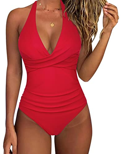 RXRXCOCO Badeanzug Damen Bauchweg Push Up Shape Bademode Neckholder Badeanzug Rückenfrei