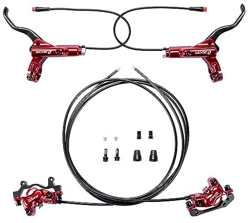 BUCKLOS Zoom HB876E 2-PIN 4 Pistons E-Bike Electric Power Off Hydraulic Disc Brake Set,Left Front 1100mm Right Rear 1850mm Aluminum Alloy Lever with Caliper is/PM Adapter for ebike/MTB Mountain Bike…