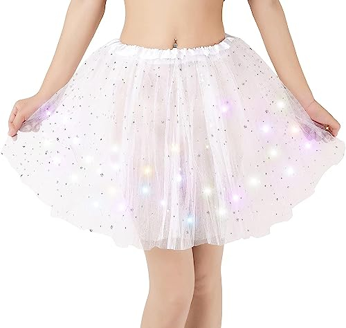 Tutu-Rock, Damen Dehnbar Faltenrock mit Sternen und Pailletten, Tüllrock für kleine Damen, LED-Licht Ballett Tutu-Rock, Partykleid, Prinzessinnenkleidung, Fasching Cosplay Kostüm (Weiß)