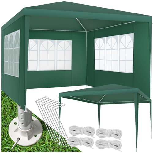 tectake® Garden Gazebo - 3x3m, Water-repellent & UV Protection, 3 Side Panels, Steel Frame, Easy Setup, Incl. Guy Ropes & Pegs - Ideal Marquee, BBQ Gazebo & Party Tent for Wedding & Garden - Green
