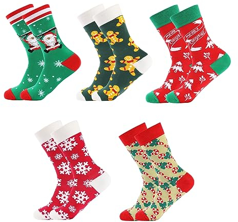 EDWINENE Weihnachtssocken Damen Herren 5 Paar, Lustige weihnachten socken 37-46, Unisex Weihnachtsmotiv Socken, Bunte Gemusterte Weihnachtsmann Neuheit Socken Weihnachten Geschenke