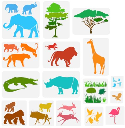 FINGERINSPIRE 16 Stück Afrikanische Tiere Schablone Bäume Gras Pflanzen Vorlage Giraffe Elefant Löwe Krokodil Nashorn Hirsch Orang Utan Kuh Vogel Adler Leopard Silhouette Schablone Tierthema Vorlage