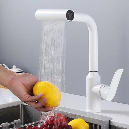 White Kitchen Tap with Pull Out Spray, Kitchen Mixer Tap Swivel Single Hole Single Handle Stainless Steel Kitchen Sink Tap-White