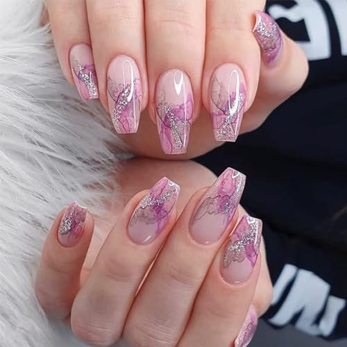 24pcs Medium Coffin False Nails, Purple Stick-on Glitter Silver Press-on Removable Glue-on Acrylic Full Cover Fake Nails for Women Girls - Nail Art Accessories