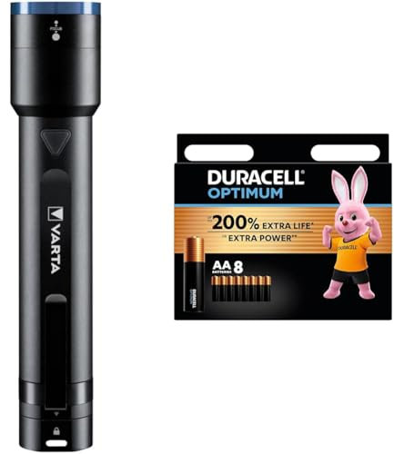Varta F40 Night Cutter, Black + Duracell Optimum Pilas AA (Pack de 8) - Pilas Alcalinas 1,5 V - Hasta 200% Extra duración o Extra potencia - Para las necesidades de los dispositivos modernos - 100%