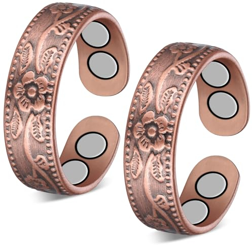 Jeracol Kupfer-Magnetringe mit 4 starken Magneten (je bis zu 3500 Gauss), magnetische Kupferringe für Damen und Herren, verstellbare Kupferringe mit einer Geschenk-Box, 2 Stück
