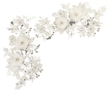 SYSUII 1 Paar 3D Stickerei Perlen Spitze Applikation Blumen Strass Spitzenstoff Bestickte Perlen Blumenapplikation Aufnäher für DIY Ausschnitt Hochzeit Brautkleid Kleidung Dekoration-Weiße
