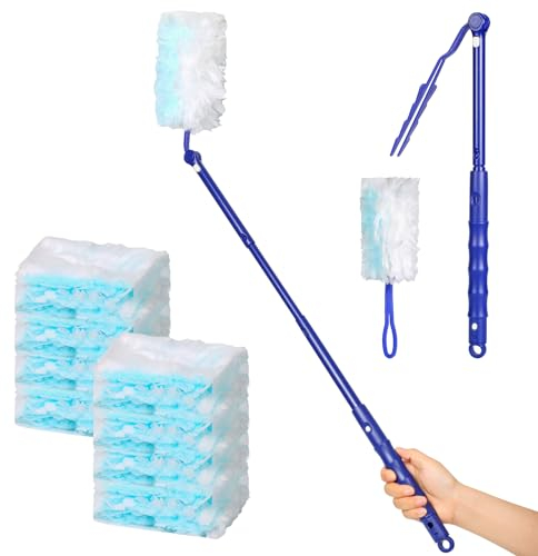 Nadisean 32Pcs Dust Magnet Refills Kit, 180° Fluffy Duster Refills, Blue Dust Magnet With Adjustable Handle Extendable to 90cm for Cleaning Dirt, Hair, Blinds, Keyboard