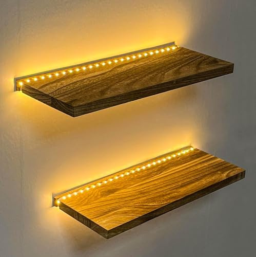 Bathroom Shelves Floating Shelves for Wall Decor Wood Wall Mounted Storage with LED Strip Lights Over Toilet Bathroom Floating Shelf Hanging for Books Corner Living Room Bedroom Kitchen Decor