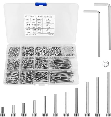Traxenta Viti Acciaio Inossidabile(440Pcs), Bulloni e Dadi Inox Kit, M3 Senza Testa Filettate Esagonali, Set in Acciaio Miste, Bulloni per Mobili Garage Casa, Assortimenti per Riparare Il Fissaggio