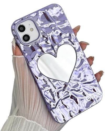 IMEIKONST TPU Case for iPhone 14 Pro, Luxury Plated Cute Wavy Love Mirror Makeup Design for Girls Women Slim Glossy Anti-Fingerprint Glitter Shell Cover for iPhone 14 Pro. Purple AXJ
