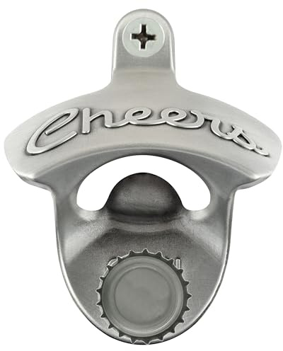 Luwanburg Cheers Soda Bottle Top Opener Wall Mounted Stainless Silver | Builtin Magnet Cap Catcher, Wood Board Mounted Gift for Christmas Party