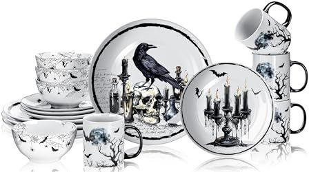 Pickmesh 16 piezas de vajilla de cerámica gótica de Halloween para 4 invitados, cena festiva, regalos espeluznantes decoración de cocina, hiedra de acebo, plato de postre, taza para fiestas de
