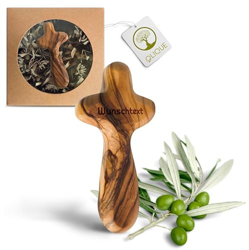 Kreuz aus Olivenholz - Handgemachter Handschmeichler als Geschenk zur Geburt, Taufe Kommunion und zur Firmung (Mit Gravur)