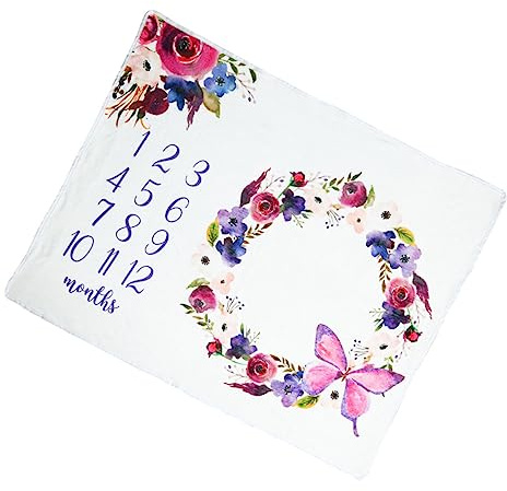 Lila Flanell Babydecke mit Monatsmarkierung für Neugeborene | Wreath Muster, Superweich, als Fotohintergrund für Babyshooting und Taufe