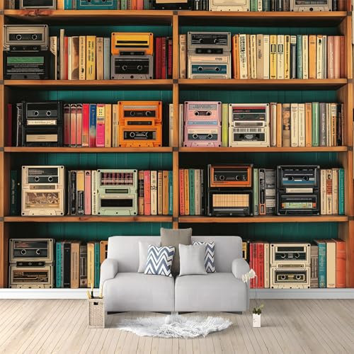 Art Wallpaper Vintage Bookshelf Tapes Theme, Non-Woven Wall Murals Modern 250 x 175 cm Decoration for Bedroom Living Room Wall, Wallpaper Light Brown Fleece Print Home Design