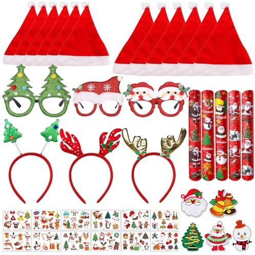 Zkaoai 40 Stück Weihnachts Accessoires, 3 Haarreifen Weihnachten, 12 Weihnachtsmützen,3 Weihnachten Brillen Rahmen,5 Weihnachten Slap Armbänder,12 Weihnachten Aufkleber,5 Bestickte Aufnäher