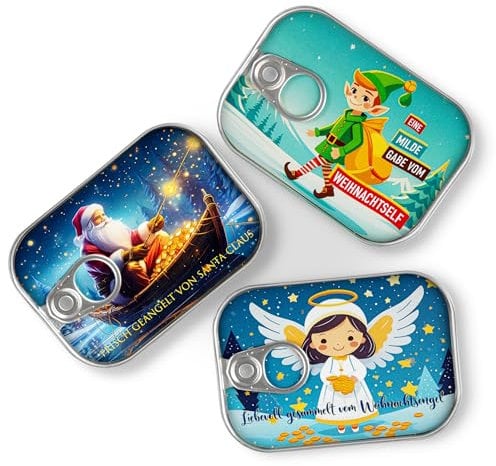 3er MIX Geldgeschenk Verpackung Weihnachten Sardinendose Geld Geschenkverpackung oder Geldgutschein Nikolaus, X-Mas, Wichteln | inkl Aufkleber für individuelle Botschaft | made by Schöne Güter