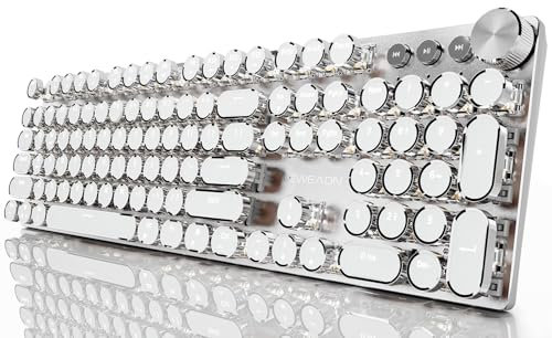 EWEADN Typewriter Style Mechanical Gaming Keyboard, Wired Mechanical Keyboards,104 Keys Backlit LED Keyboards, Media Control Knob, Wired Computer Keyboard Pink Switch for Windows/Mac/PC-White