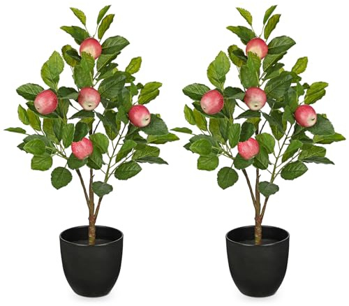 2Ft Artificial Apples Trees, 2 Packs Large Artificial Plants Indoor with Black Pots Faux Potted Trees Fake Floor Plants Apples Decorations for Home Living Room Office, Bedroom Table, Desk
