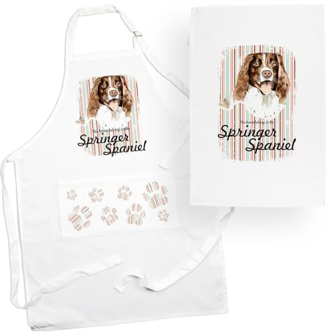 Purely Home Springer Spaniel Apron & Tea Towel Kitchen Set - Portrait Gifts For Dog Lovers - Cooking and Baking Present Linen Sets