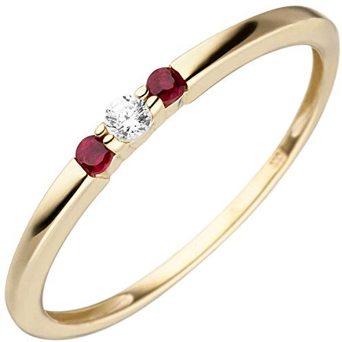 Schmuck Krone Ring aus 333 Gold Gelbgold mit Rubin & Zirkonia 2,2mm schmal Dreistein Damen, Ringgröße:Innenumfang 54mm ~ Ø17.2mm