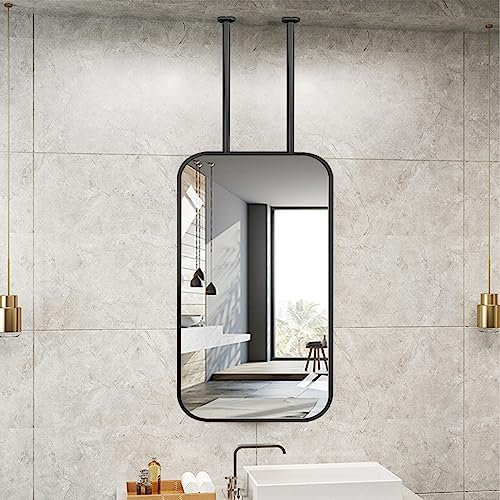 DLAZUM An der Decke hängender Hängespiegel, an der Wand montierter schwebender Spiegel mit Metallrahmen, dekorative Hängespiegel für das Badezimmer, schwarzes rechteckiges Design, anpassbare Doppel