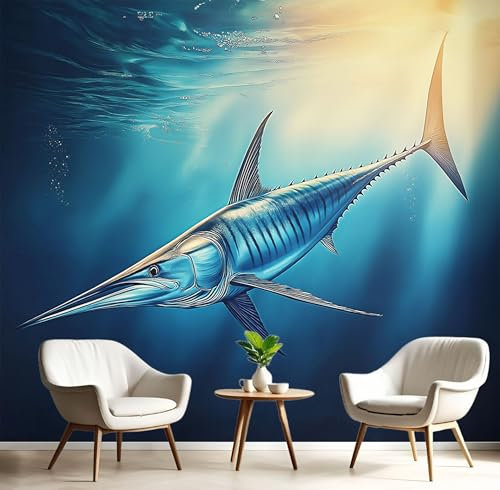Seide Fototapete Tiefseetiere 150×105 CM (W×H), Foto Tapete Schlafzimmer Wohnzimmer Seide tapete, Wandtapete GroßEr Fisch Motivtapeten Bildtapete 3d Effekt Wand Dekoration