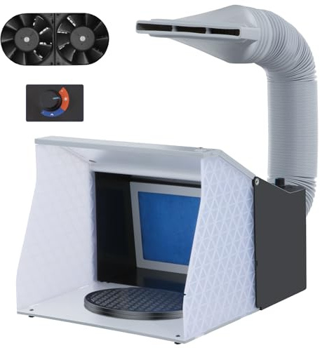 VELPAX Cabine de Peinture Aérographe - Boîte de Pulvérisation Pliable avec Ventilateur Double 9 m³/Min Vitesse Réglable, Plateau Tournant 20 cm, LED intégrées pour Modélisme & Décoration de Gâteaux