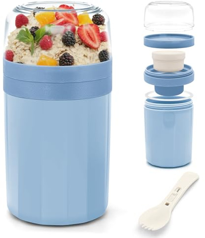 IJIAMY Müslibecher to Go, Premium Qualitat Joghurtbecher to Go Kinder mit Löffel 520ML+250ML, Auslaufsicher Müsli to go Becher mit Soßenbox, Müslischale (Blau)