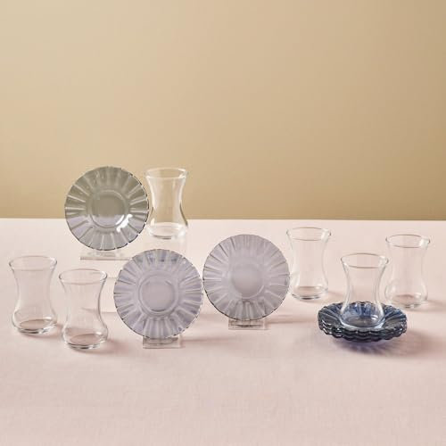 Karaca Luna 12-Piece Turkish Tea Glasses for 6 People, 130ml Glass Tea Cups with Elegant Light Blue Glass Saucers