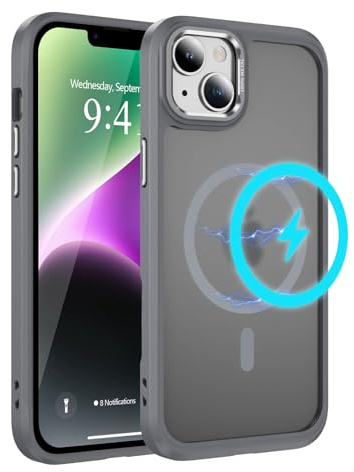 LCHULLE for iPhone 14/13 Case, Magnetic Matte Shockproof, Grey | Compatible with MagSafe, Translucent Hard PC Back Cover, Soft TPU Protective Bumper, Armor Military Grade Protection