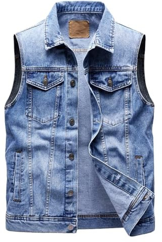 Lockenstab Herren Jeansweste Ärmellos Jeansjacke Mit 6 Taschen Biker Weste