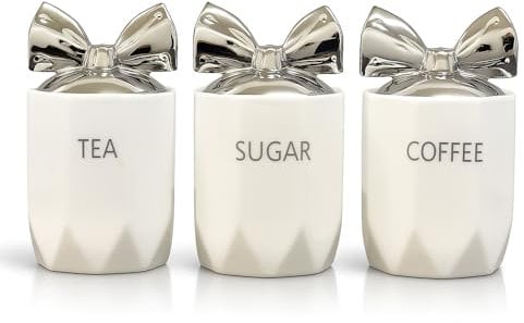 ONE BEST DEAL OBD Ceramic Tea Coffee Sugar Canister Set Airtight Kitchen Storage Jars with Silver Lids for Home Countertop Organization Other Sweet Treats Kitchen Accessories (White)