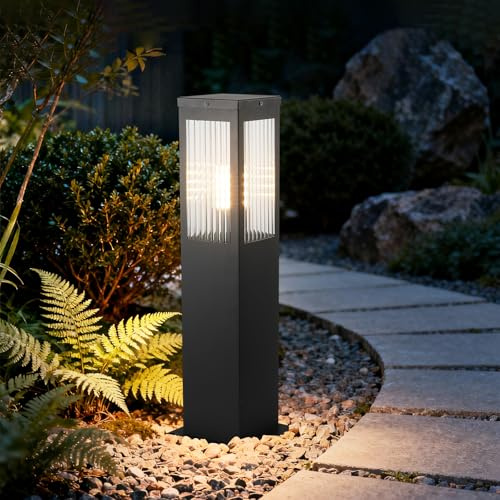 Outdoor Landscape Path Light Stainless Steel Waterproof Bollard Lighting Hardwired E26 Glass Post Pillar Lights Black Modern Lawn Lighting Outside House Pathway Lamp For Garden Patio Yard Street Light