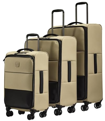 ANTLER - Soft Stripe 2.0 Suitcase Set - Cabin, Medium & Large, Durable & Lightweight, 4 Spinner Wheels - Adjustable Handle, TSA Lock, Recycled Polyester Luggage - Sand Yellow