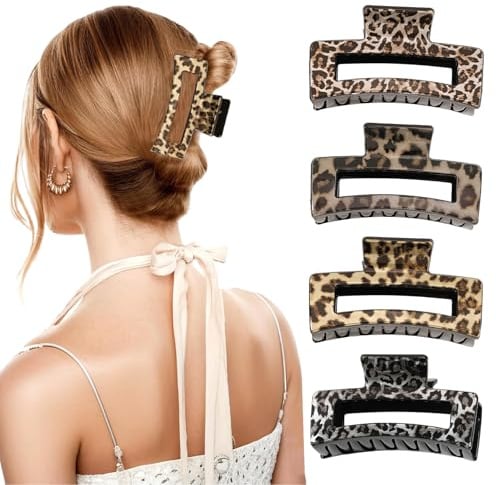 Calkkrer 4 Stück Haarklammer Groß Mit Leopardenmuster, Glänzende Quadratische Haarklammer Für Dickes Haar, Volumen Clips Haare, Haarspangen Damen, Große Haarspange