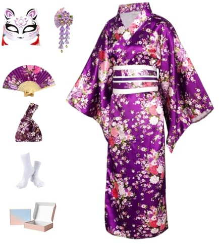 Ensemble Kimono Japonais Femme 9 Pièces - Yukata Satin avec Obi, Nœud Papillon, Masque Renard, Éventail, Tabi, Pochette et Barrette - Déguisement Geisha Large pour Carnaval & Cosplay Coffret Cadeau