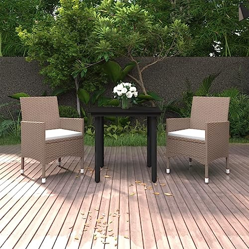 Qnhdfrt Ensemble de meubles de jardin 3 pièces en polyrotin avec plateau en verre et coussins crème pour balcon/terrasse Beige 80 x 80 cm