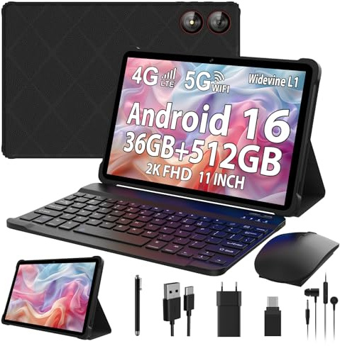 2026 Dernières 2K Tablette 11 Pouces avec Android 16, 36GB RAM+512GB ROM (1TB TF), 4G LTE/5G WiFi, Octa-Core, 2000 x 1200, Widevine L1/8000mAh/13MP+8MP/GPS, Tablet avec Clavier et Souris (Noir)