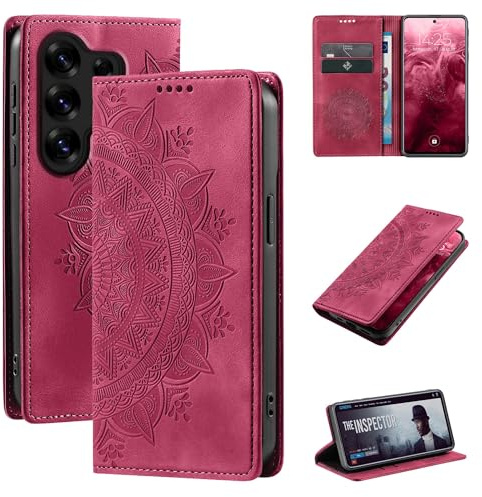 LBH Handyhülle für Samsung Galaxy S26 Ultra Mandala Klapphülle RFID Schutz Kartenfächer Geldfach Design Cover Case Flipcase Magenta Rot