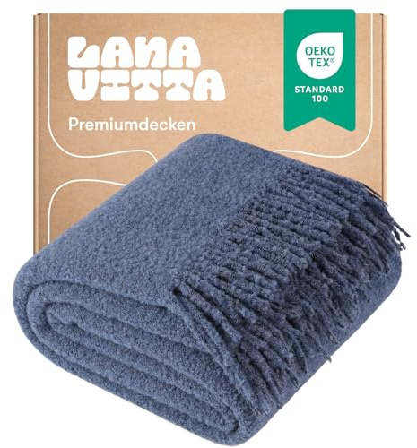 Lanavitta Bouclé Wolldecke „Premium“ – Kuschelige Tagesdecke & Plaid – Sofadecke, Couchdecke, Bettüberwurf & Sesseldecke – 80% Wolle, 20% Polyester – Blau – 140x200 cm