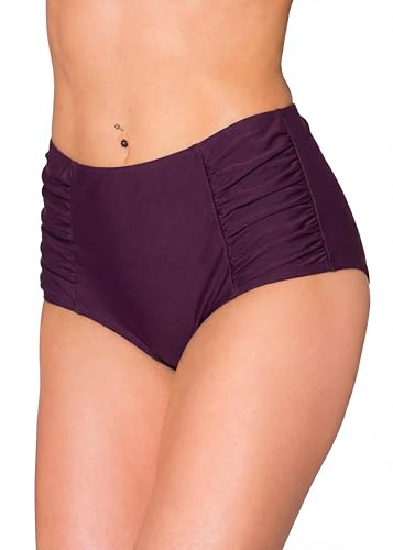 Bikinihose Damen mit Hoher Taille und Raffung, Pflaumen-Bordeaux, 44