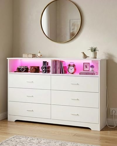 Ginhow Kommode Weiß Hochglanz mit 6 Schubladen Schubladenschrank 150cm Breit mit LED und Steckdose Sideboard & USB Modernes Anrichte & Mehrzweckschrank für Schlafzimmer Wohnzimmer Flur