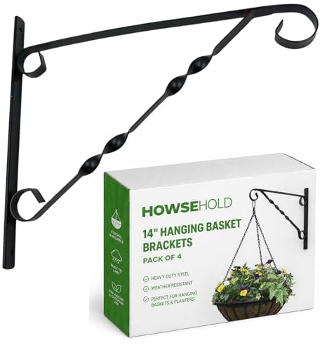 HowseHold Heavy Duty Hanging Basket Brackets (Pack of 4) 14 Inch Steel Wall Hooks for Garden, Fence & Brick Walls – Rust Resistant Outdoor Plant Hangers for Baskets, Bird Feeders & Lanterns