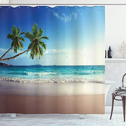 ABAKUHAUS Strand Duschvorhang, Scenic Island View Bäume, Stoffliches Gewebe Badezimmerdekorationsset mit Haken, 175 x 180 cm, Hellbraun Grün Blau