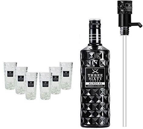 Three Sixty Set Geschenkset ? Three Sixty Black Vodka Wodka 3L 3000ml (42% Vol) + 6x Shotgläser Glas 2 und 4cl geeicht + Pumpe - [Enthält Sulfite]
