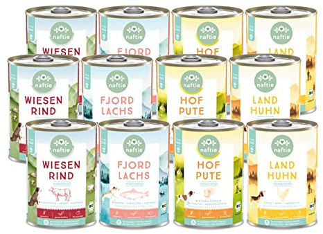 naftie Bio Hundefutter Mischpakete - purinarmes Nassfutter Sparpakete - glutenfrei - für Adulte & Senior Hunde - fettarm - 12x 400g